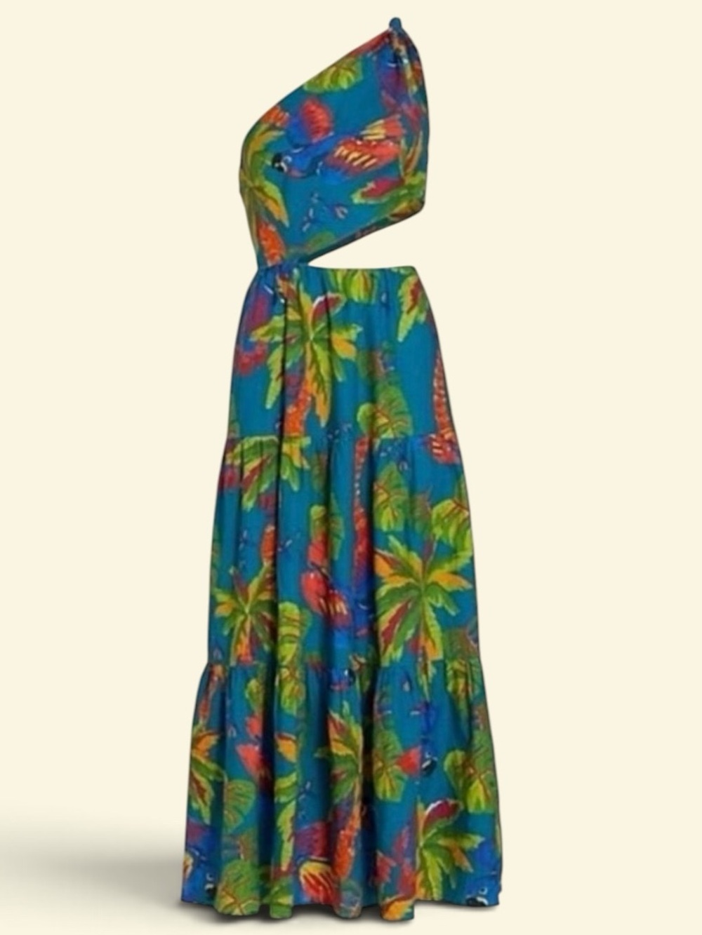 FARM RIO Blue Sunny Day One Shoulder Tropical Print Maxi Dress Sz:Medium